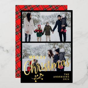 Elegant Tartan Plaid Family 2 Photo Christmas Foil Holiday Card