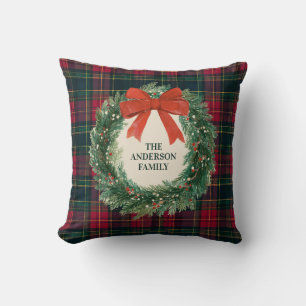 Elegant Tartan Plaid Merry Christmas Family Name Cushion