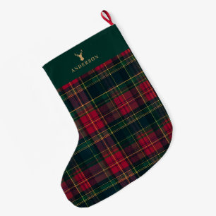 Elegant Tartan Plaid Merry Christmas Family Name Large Christmas Stocking