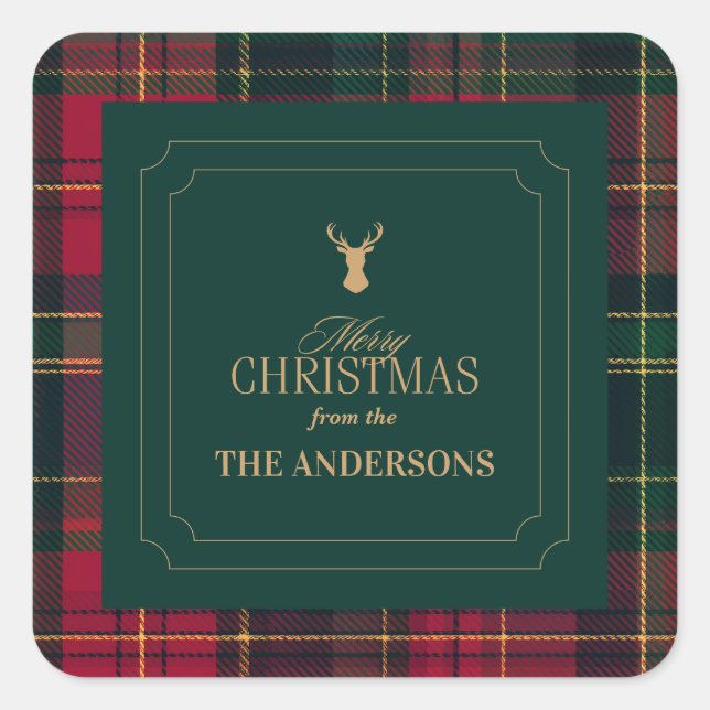 Elegant Tartan Plaid Merry Christmas Family Name Square Sticker (Front)