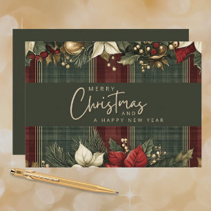 Elegant Tartan Plaid Poinsettias Merry Christmas Holiday Card