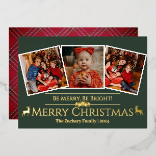 Elegant Tartan Plaid Reindeer Christmas 3 Photo Foil Holiday Card