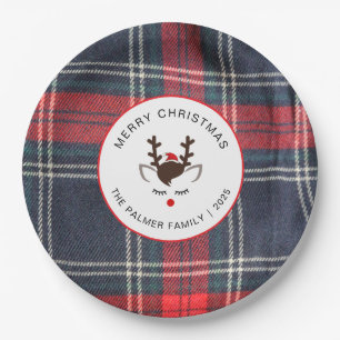 Elegant Tartan Plaid & Reindeer Christmas Family Paper Plate