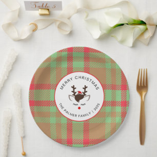 Elegant Tartan Plaid & Reindeer Christmas Family Paper Plate