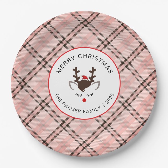 Elegant Tartan Plaid & Reindeer Christmas Family Paper Plate (Front)
