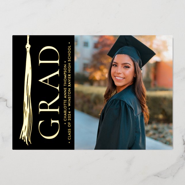 Elegant Tassel High School Grad Party Custom  Foil Holiday Card (Front)