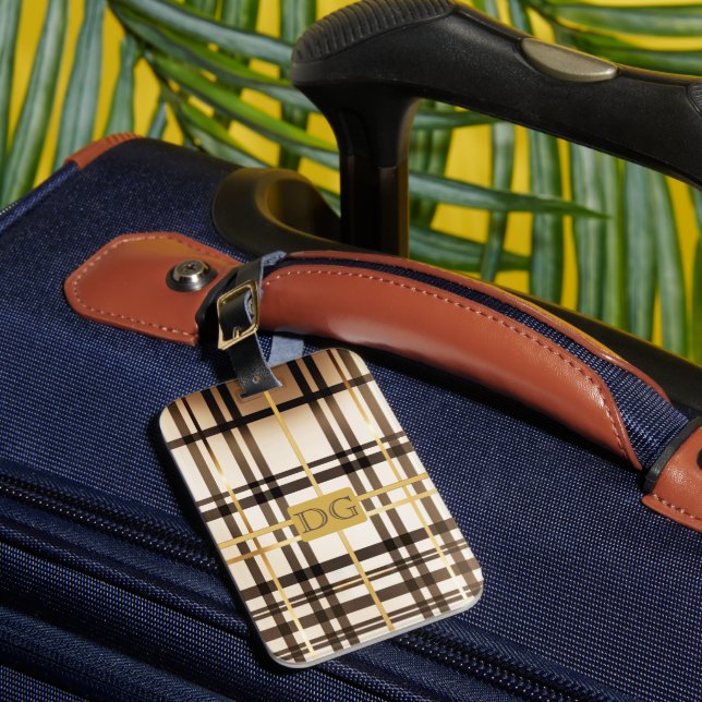 Elegant Taupe and Gold Plaid Monogrammed  Luggage Tag (Front Insitu 1)