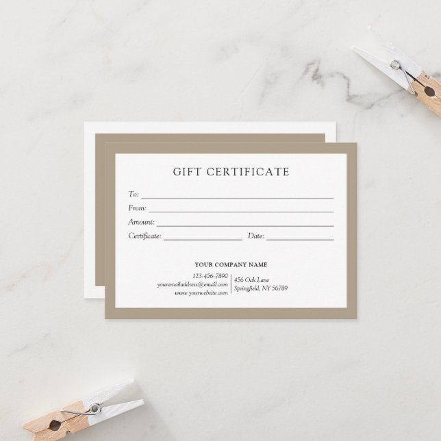 Elegant Taupe Beige Business Gift Certificate Logo (Front/Back In Situ)