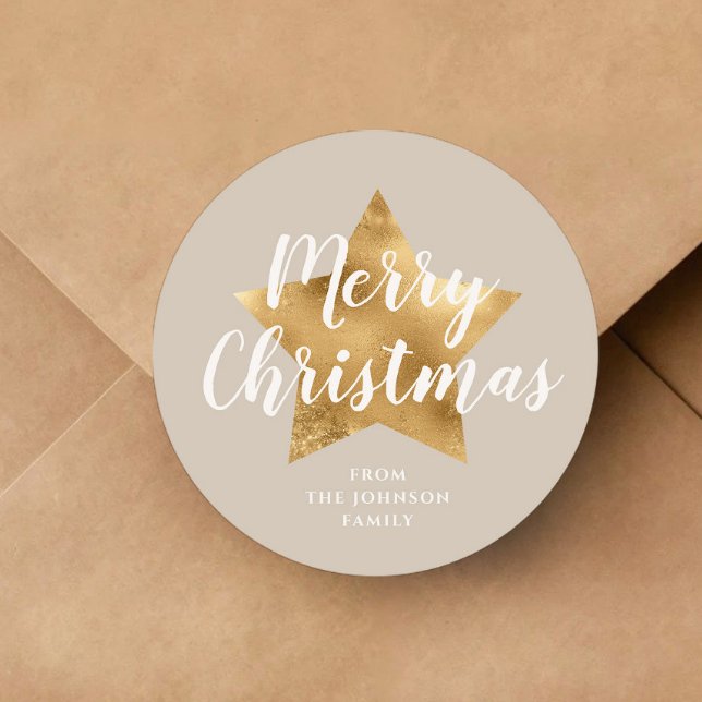 Elegant Taupe Beige Faux Gold Star Merry Christmas Classic Round Sticker (Elegant Taupe Beige Faux Gold Star Merry Christmas Classic Round Sticker)