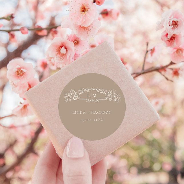Elegant Taupe botanical crest monogram wedding Classic Round Sticker (Creator Uploaded)