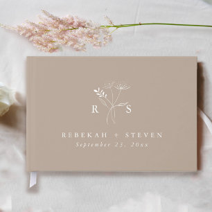Elegant Taupe Botanical Floral Monogram Wedding Guest Book
