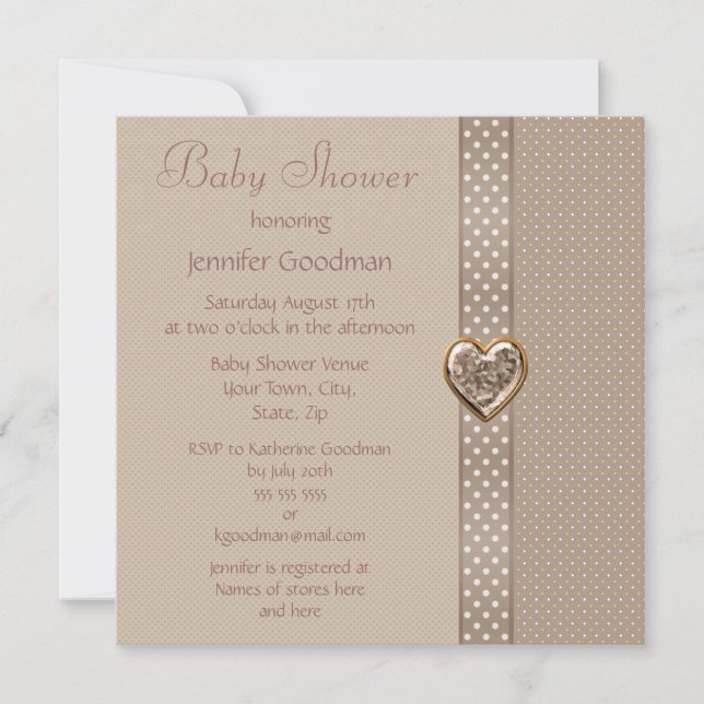Elegant Taupe Bow & Heart Jewels Baby Shower Invitation (Front)