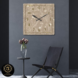 Elegant Taupe Brown Botanicals Wall Clock