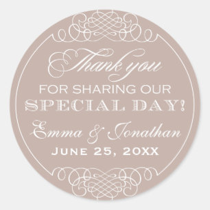 Elegant Taupe Calligraphy Flourish Wedding Classic Round Sticker