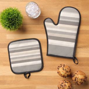 Elegant Taupe Cream and Grey striped farmhouse Oven Mitt & Pot Holder Set