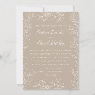 Elegant Taupe Cream Botanical Line Art Wedding Invitation
