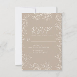 Elegant Taupe Cream Botanical Line Art Wedding RSVP Card