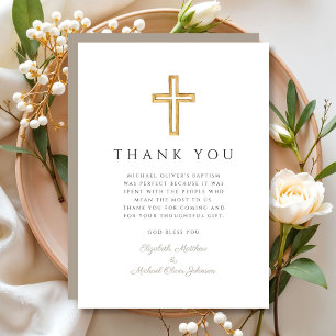 Elegant Taupe Cross Boy Baptism Thank You Card
