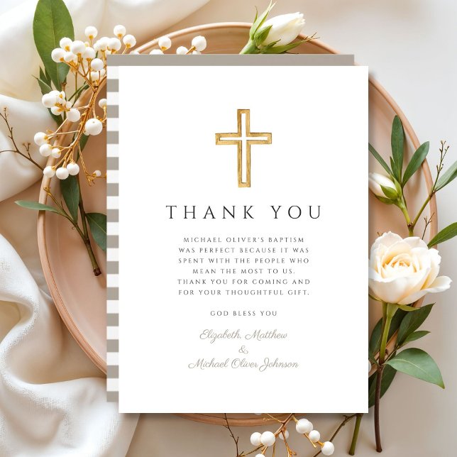 Elegant Taupe Cross Boy Baptism Thank You Card (Elegant Taupe Cross Boy Baptism Thank You Card)