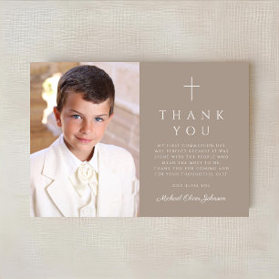 Elegant Taupe Cross Boy First Communion Photo Thank You Card