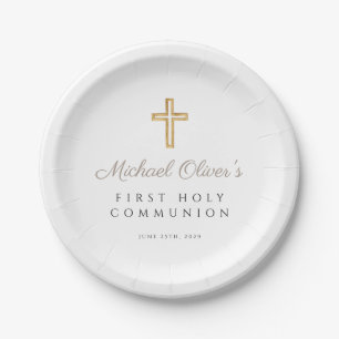 Elegant Taupe Cross First Communion Paper Plate