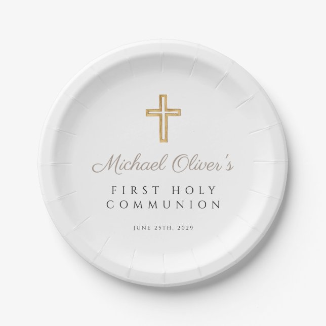 Elegant Taupe Cross First Communion Paper Plate (Front)