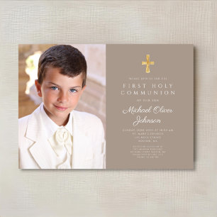 Elegant Taupe Cross Photo Boy First Communion Invitation