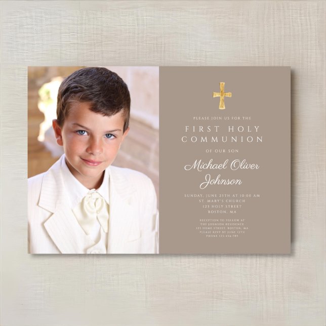 Elegant Taupe Cross Photo Boy First Communion Invitation (Elegant Taupe Cross Photo Boy First Communion Invitation)