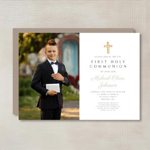 Elegant Taupe Cross Photo Boy First Communion Invitation