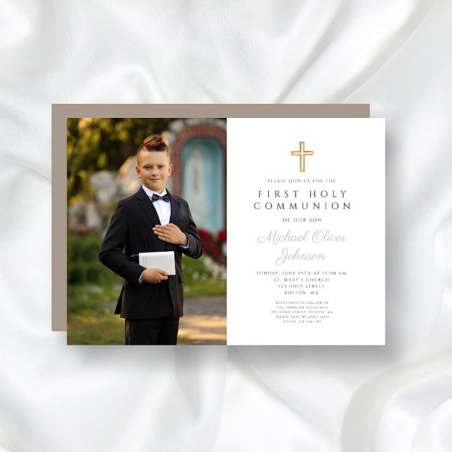 Elegant Taupe Cross Photo Boy First Communion   Invitation (Elegant Taupe Cross Photo Boy First Communion Invitation)