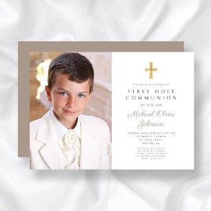 Elegant Taupe Cross Photo Boy First Communion Invitation