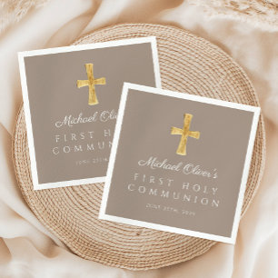 Elegant Taupe Cross Religious First Communion Napkin