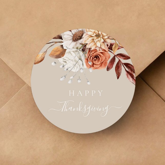 Elegant Taupe Fall Floral Happy Thanksgiving  Classic Round Sticker (Elegant Taupe Fall Floral Happy Thanksgiving Classic Round Sticker)