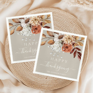 Elegant Taupe Fall Floral Happy Thanksgiving Napkin
