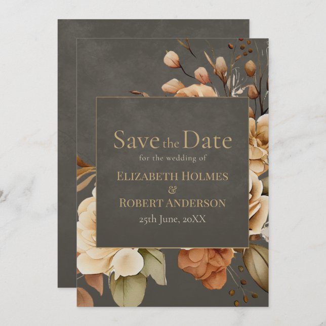 Elegant Taupe Floral Save the Date (Front/Back)