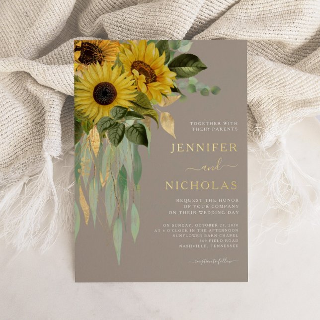Elegant Taupe Floral Wedding Gold  Foil Invitation (Elegant Taupe Floral Wedding Gold Foil Invitation)