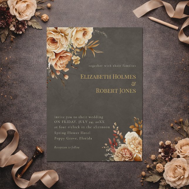 Elegant Taupe Floral Wedding Invitation (Elegant Taupe Floral Wedding Invitation on a dark table with flowers)