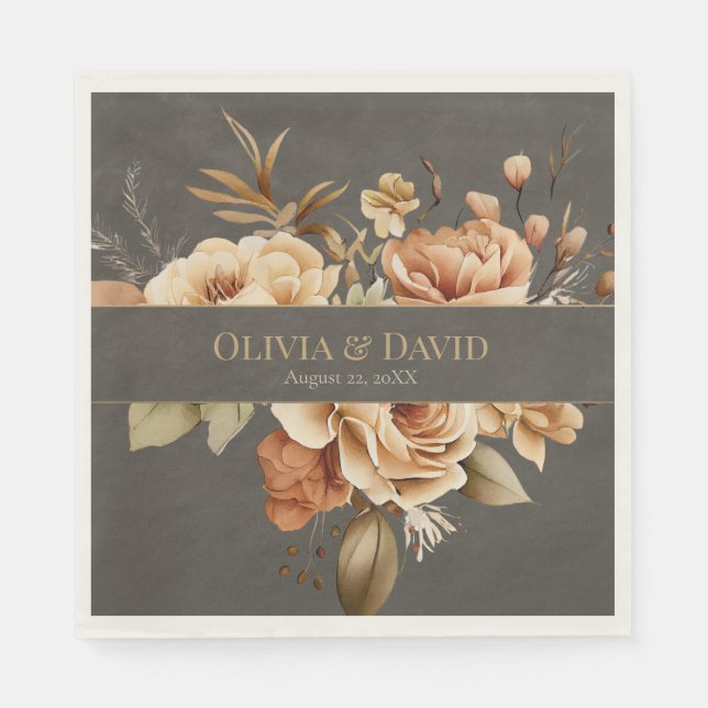 Elegant Taupe Floral Wedding Napkins (Front)