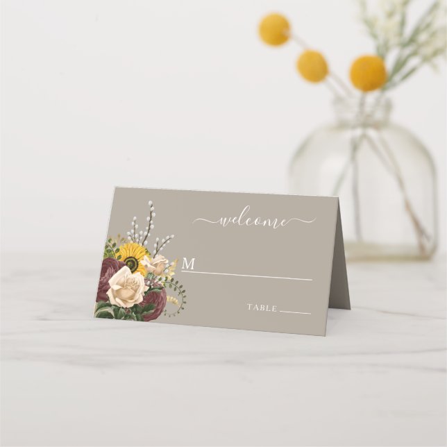 Elegant Taupe Floral Wedding Place Card (Front)