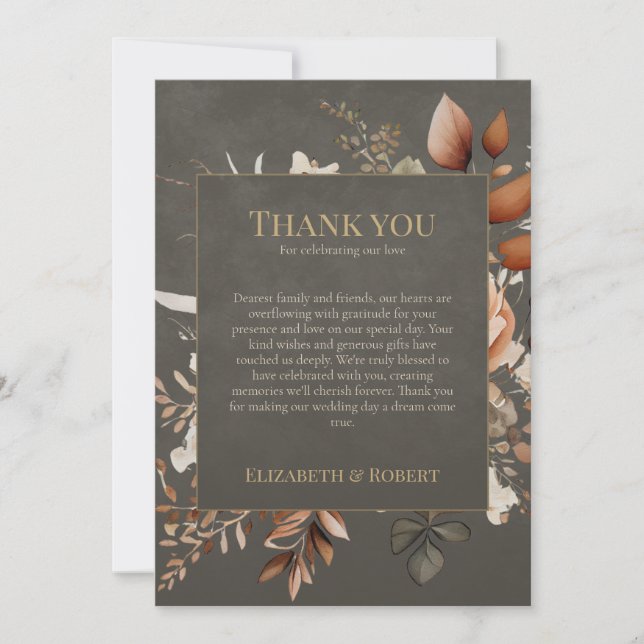 Elegant Taupe Floral Wedding Thank You Card (Front)