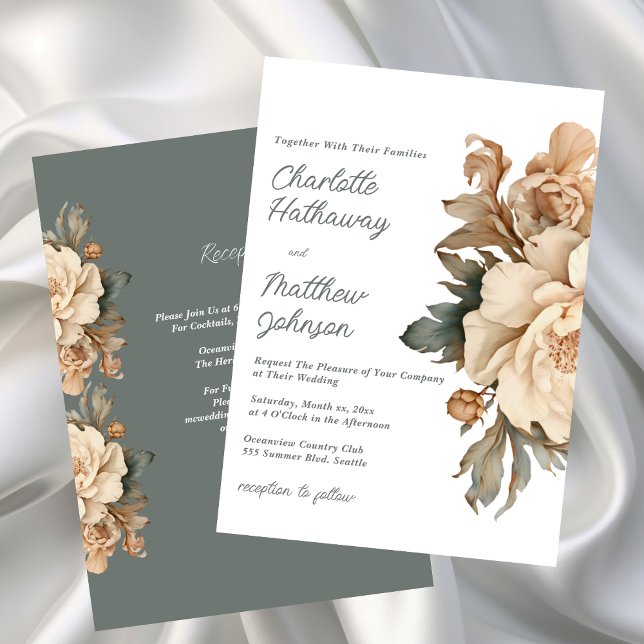 Elegant Taupe Floral Wedding With Sage Green Invitation (Elegant Taupe Floral Wedding Invitation with Sage Green)