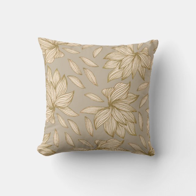 Elegant Taupe Gold Glitter Floral Line Art Cushion (Front)