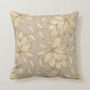Elegant Taupe Gold Glitter Floral Line Art Cushion