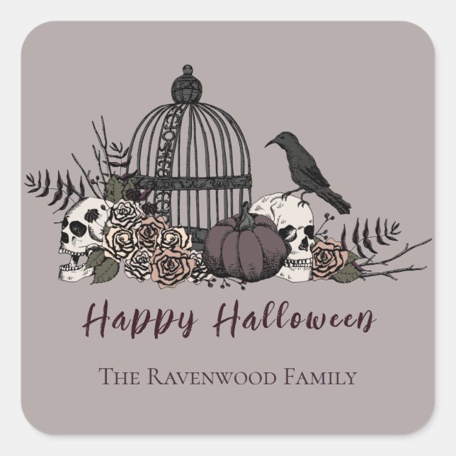 Elegant Taupe Grey Gothic Happy Halloween Square Sticker (Front)