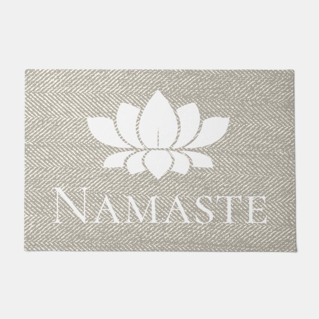 Elegant Taupe Herringbone Namaste White Lotus Doormat (Front)
