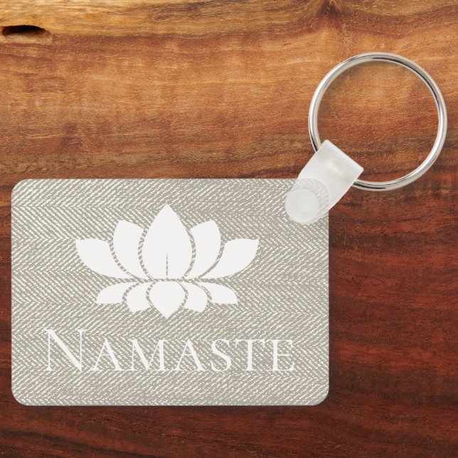 Elegant Taupe Herringbone Namaste White Lotus Key Ring (Front)