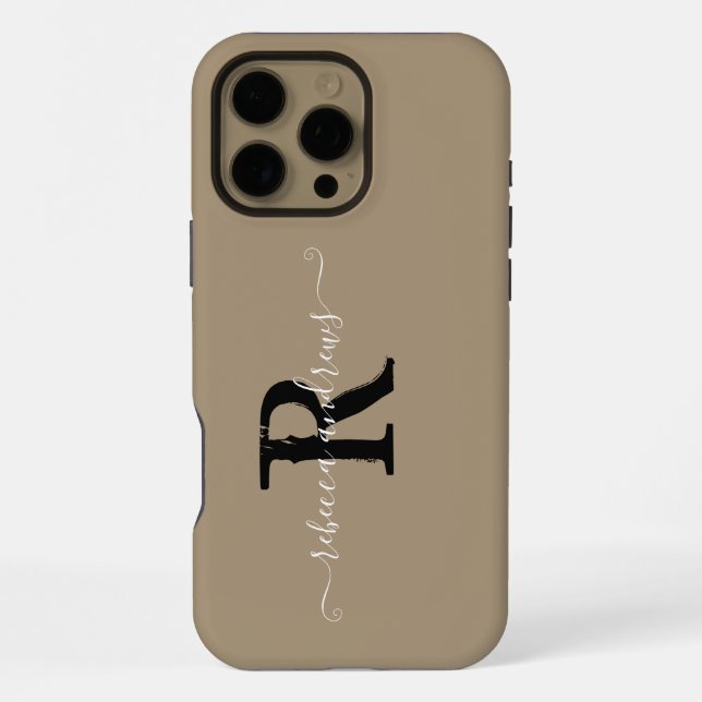 Elegant Taupe Initials Monogram Script Name Custom iPhone Case (Back)