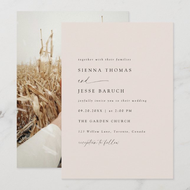 Elegant Taupe Modern Minimal Script Photo Invitation (Front/Back)