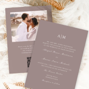 Elegant Taupe Monogram QR Rsvp Photo Wedding Invitation