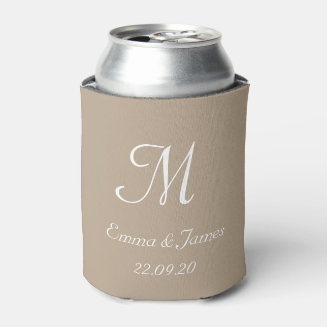 Elegant Taupe Monogram Wedding Party Favour  Can Cooler (Can Front)
